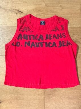VTG 90s Nautica Jeans Womens Red Graffiti Logo Crop Muscle Tank Made USA Large